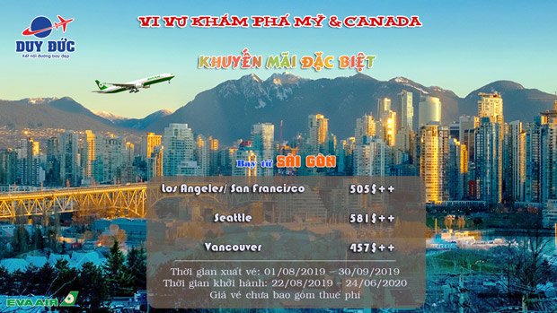 Eva Air khuyến mãi vé máy bay đi Mỹ và Canada